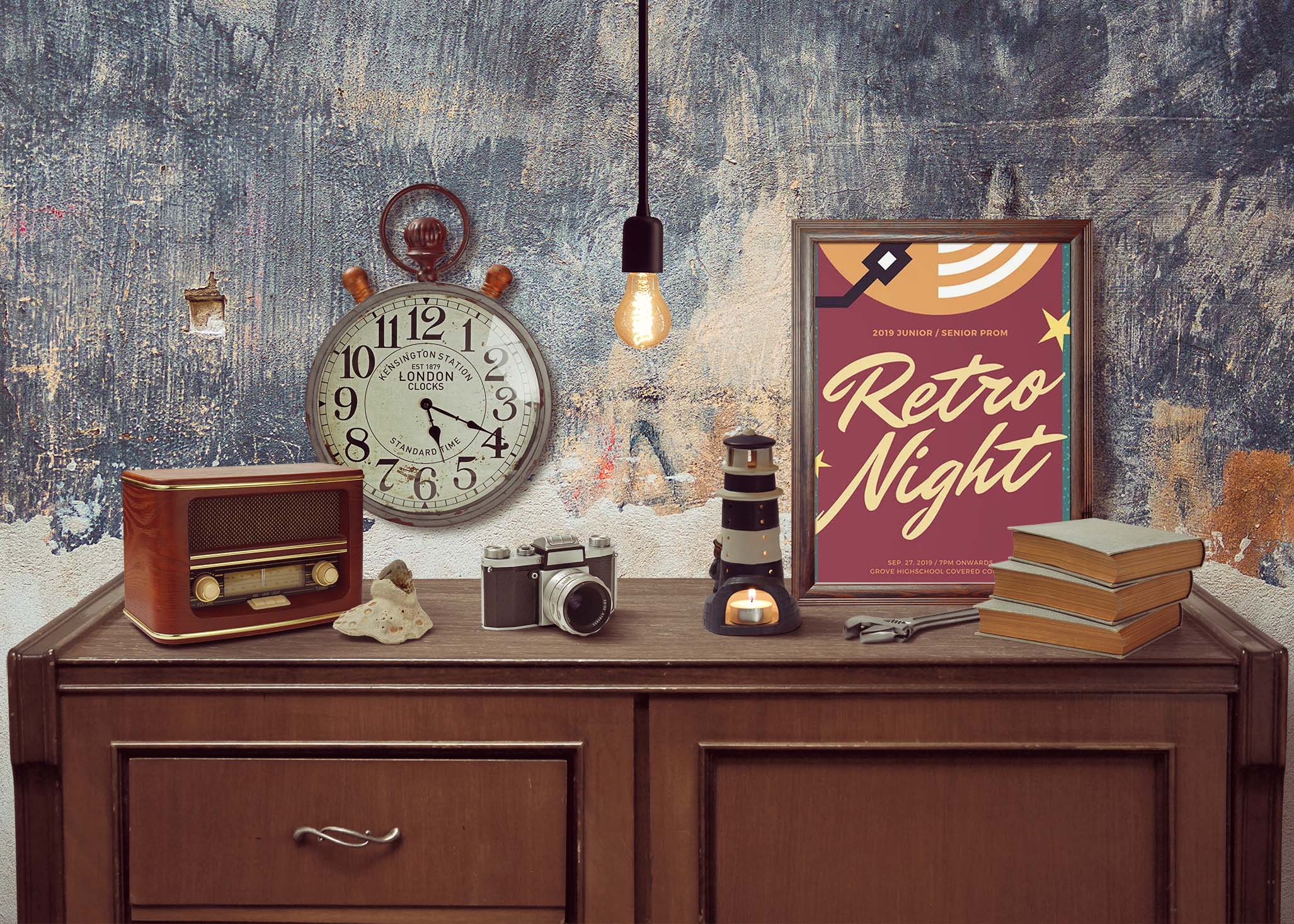 Free Vintage Wall Poster Mockup With Clock